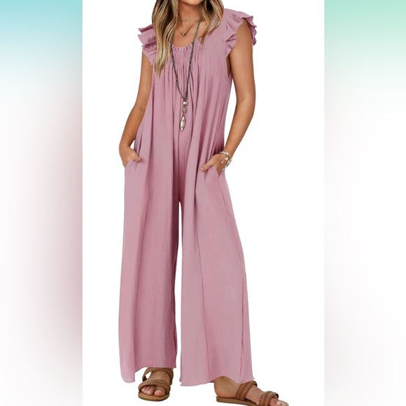 Loose Jumpsuit V Neck Sleeveless Oversized Wide Leg Pant Romper with Pockets - Picture 2 of 5
